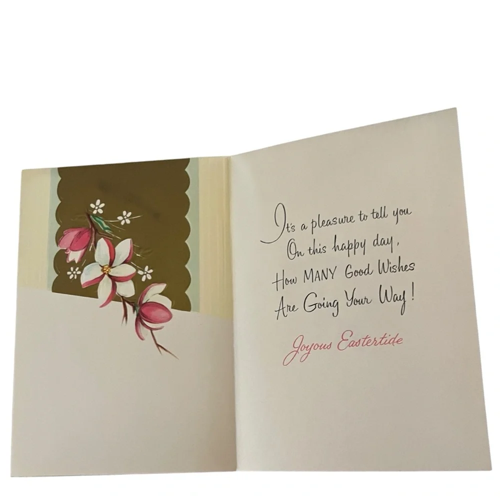 Unused Vintage Easter Greeting Card Pink White Flowers Gold Quaint Shop Original
